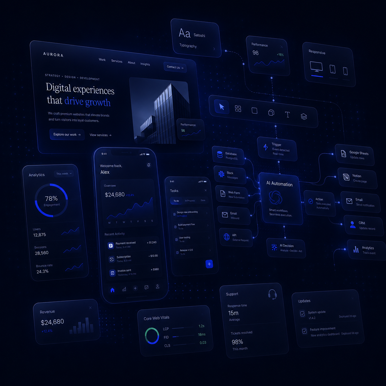 PalmPixel design, app, and AI systems collage